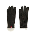 Black cabretta leather dress gloves, pair, five-finger design with stitched seams.
