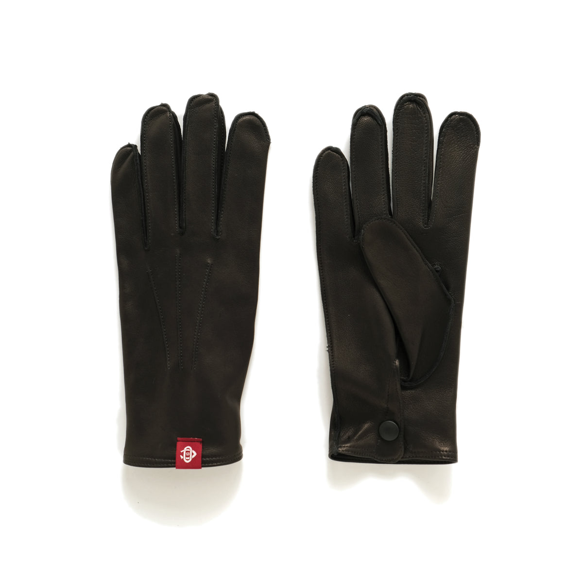 Black cabretta leather dress gloves, pair, five-finger design with stitched seams.