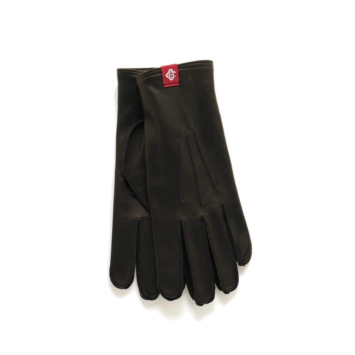 Black cabretta leather dress glove with cuff and logo tag, five-finger design.