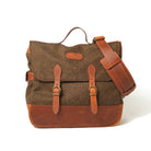 Wool messenger bag with front flap, leather straps, and buckle details
