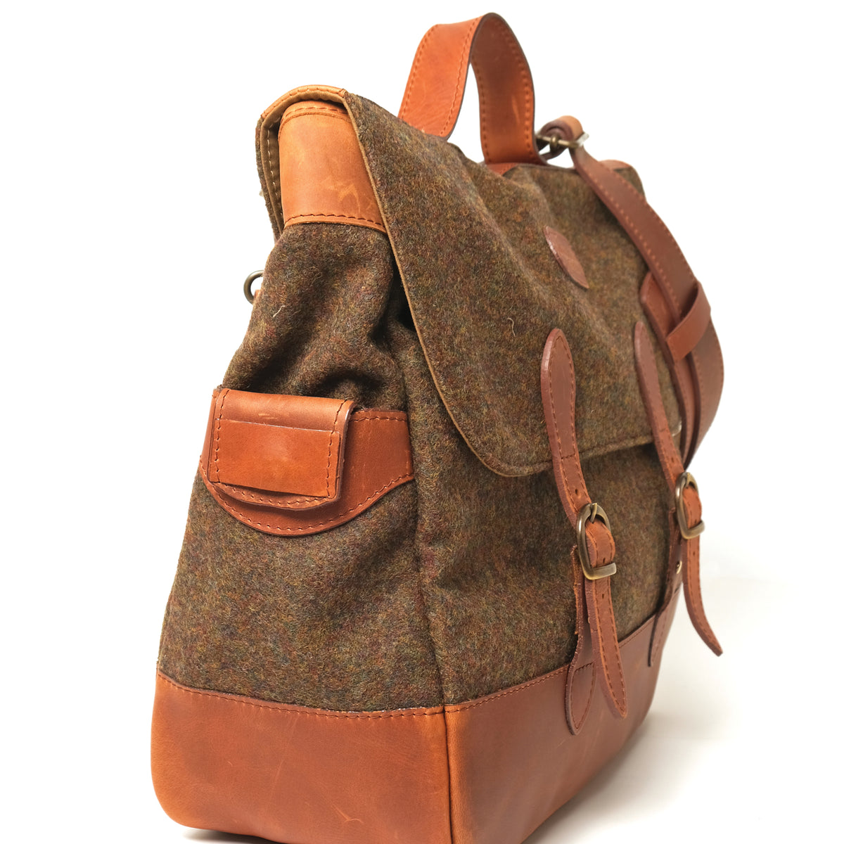 Wool messenger bag side view with flap pocket and adjustable leather strap