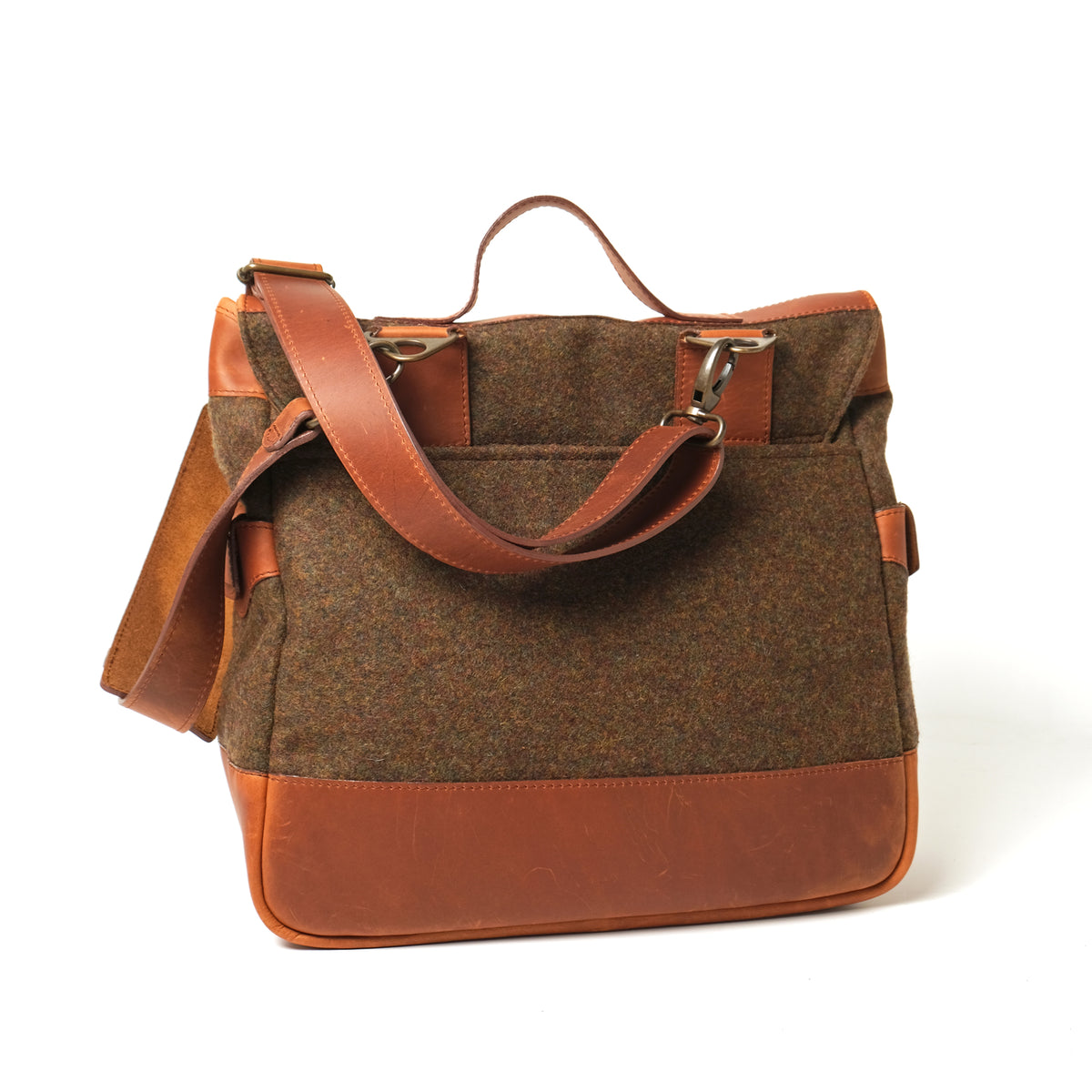 Wool messenger bag with top handle and front flap closure, leather trim