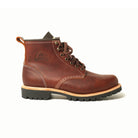 Brown leather hiking boot with lace-up front, dark collar, rugged tread sole.