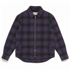 Plaid wool zip overshirt with spread collar, purple and dark grid pattern