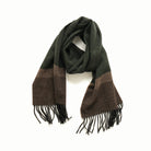 Dark green and brown striped scarf with fringed ends