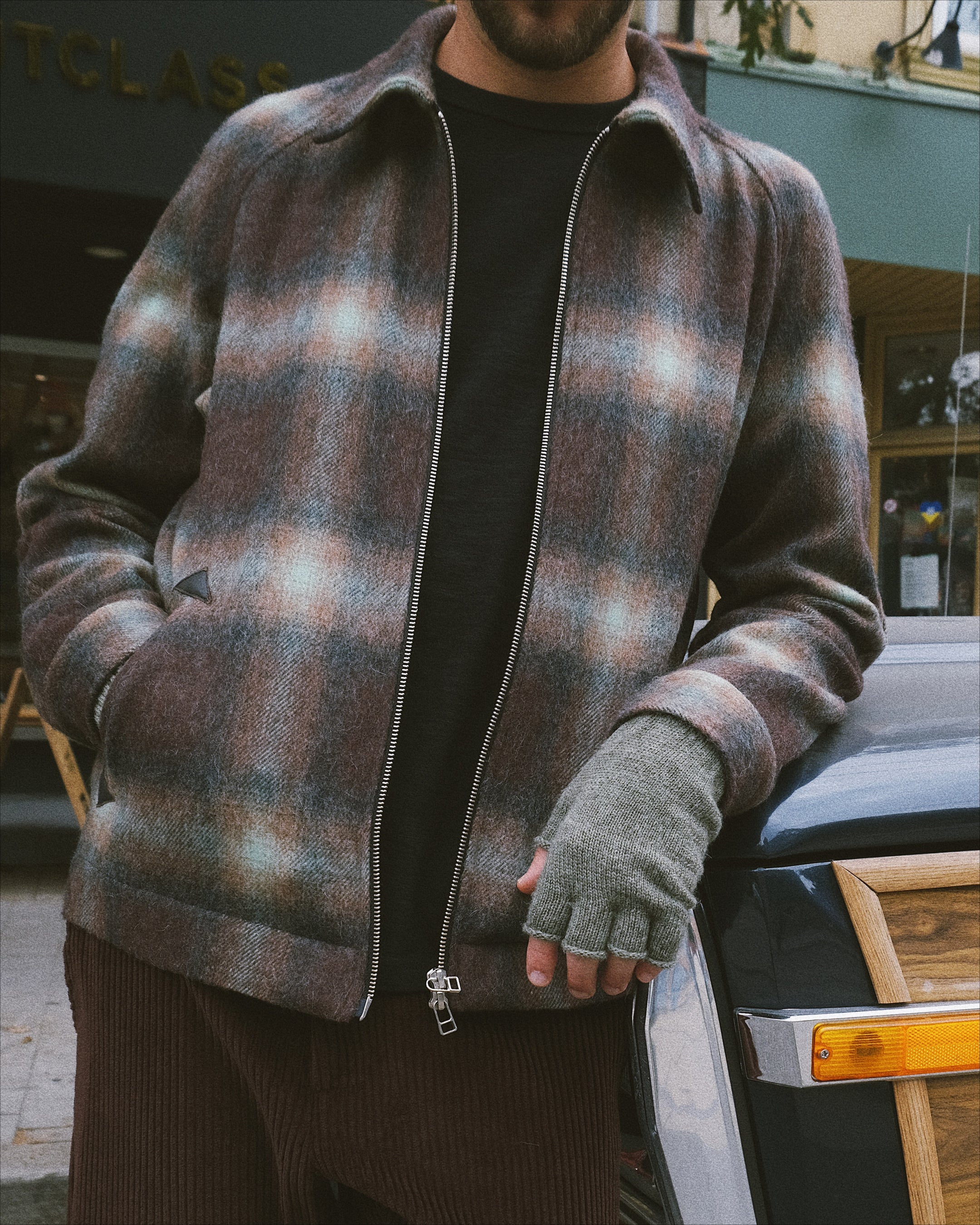 Men's shadow plaid wool harrington jacket, full-zip with stand collar and ribbed cuffs