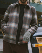 Men's shadow plaid wool harrington jacket, full-zip with stand collar and ribbed cuffs