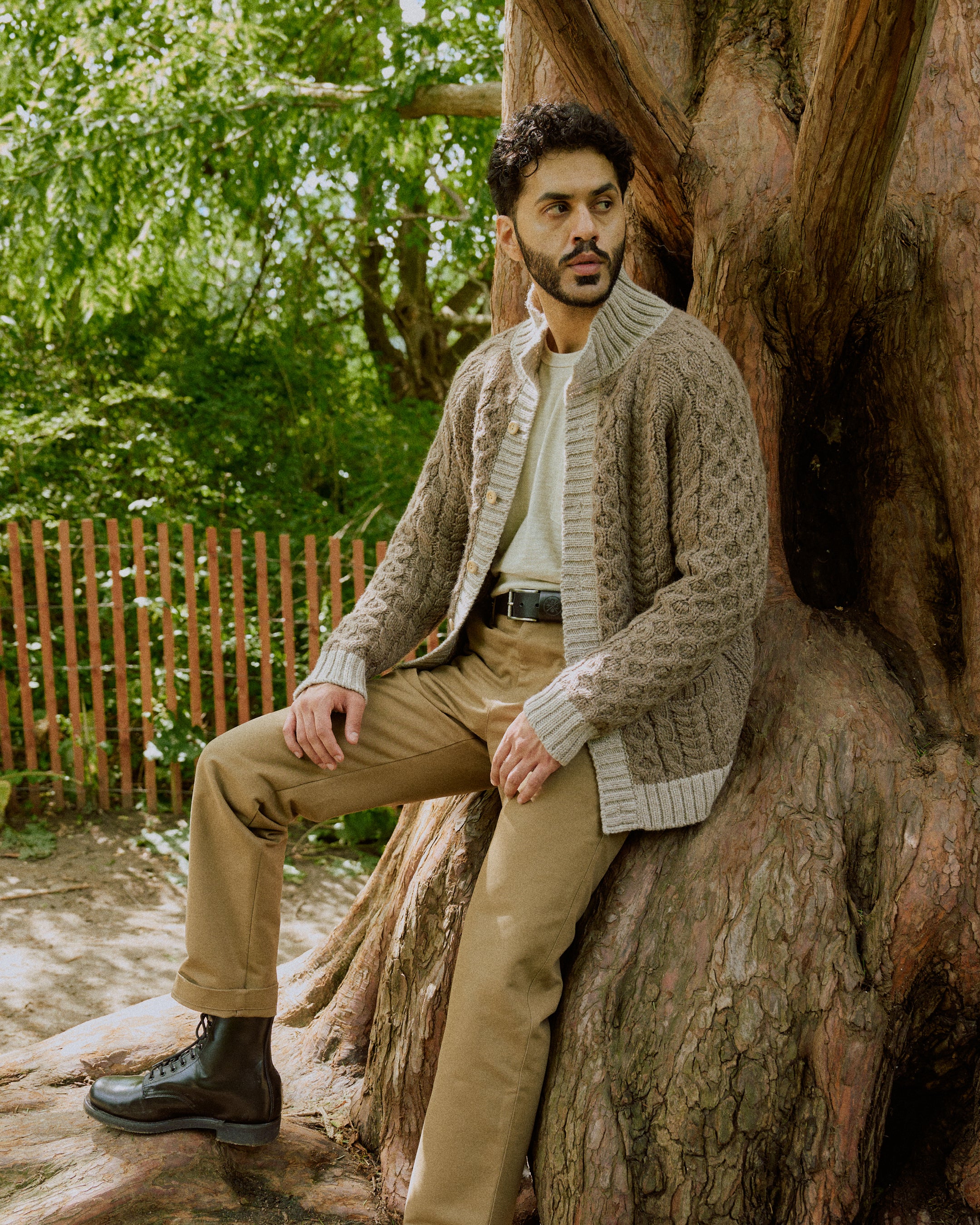 Taupe cable-knit mock neck cardigan with button front and long sleeves