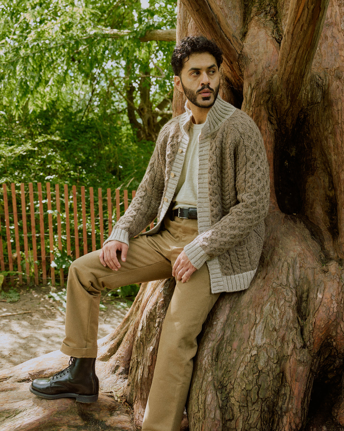 Taupe cable-knit mock neck cardigan with button front and long sleeves