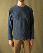 Navy long-sleeve crewneck T-shirt with chest pocket, front view