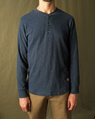 Navy double-slub long-sleeve henley shirt on model with 3-button front