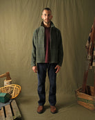 Olive green plaid wool zip overshirt with stand collar and front pockets