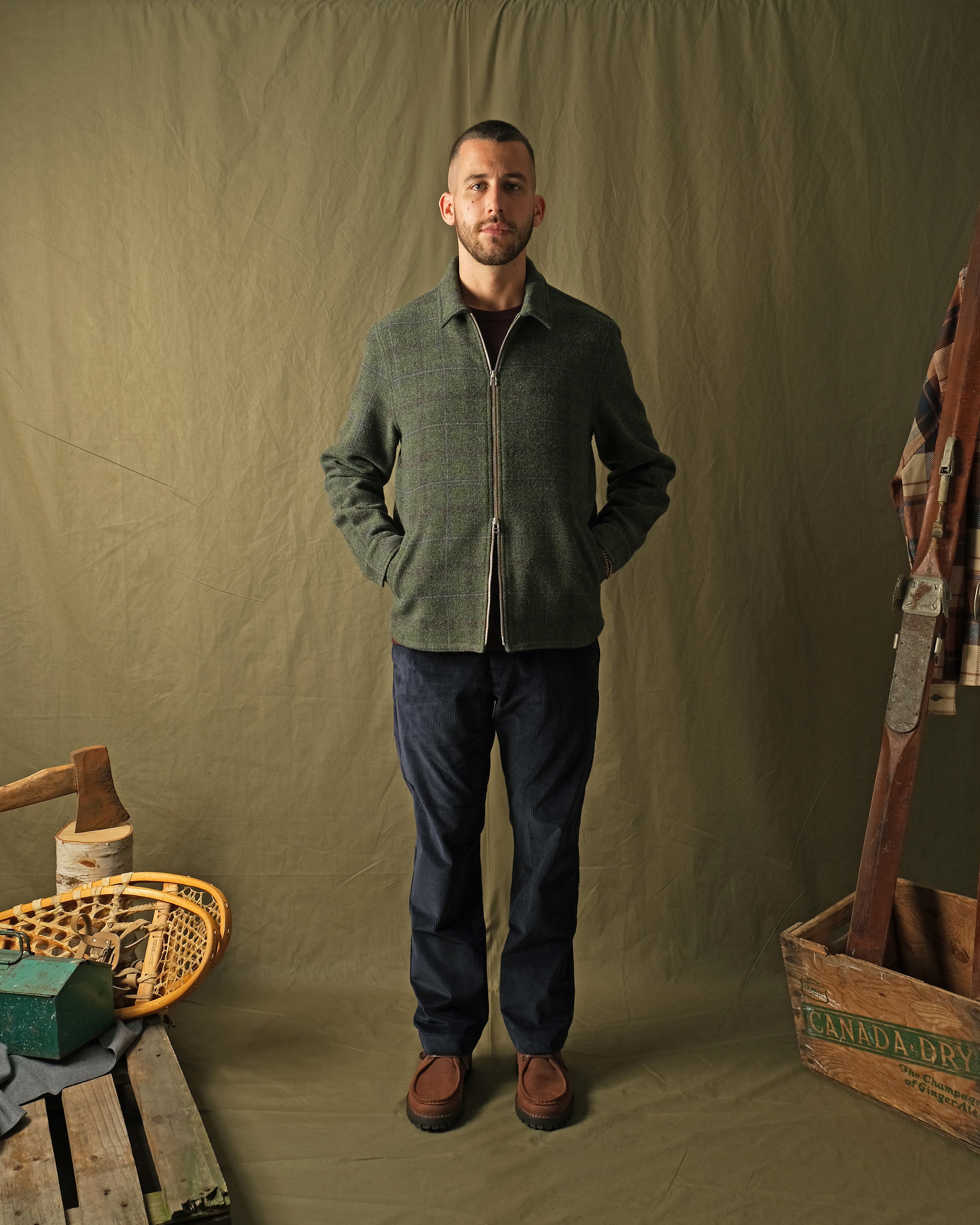 Olive green plaid wool zip overshirt, full front zip with stand collar