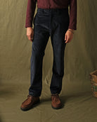 Dark navy corduroy camp pants with straight leg, front pockets, belt loops