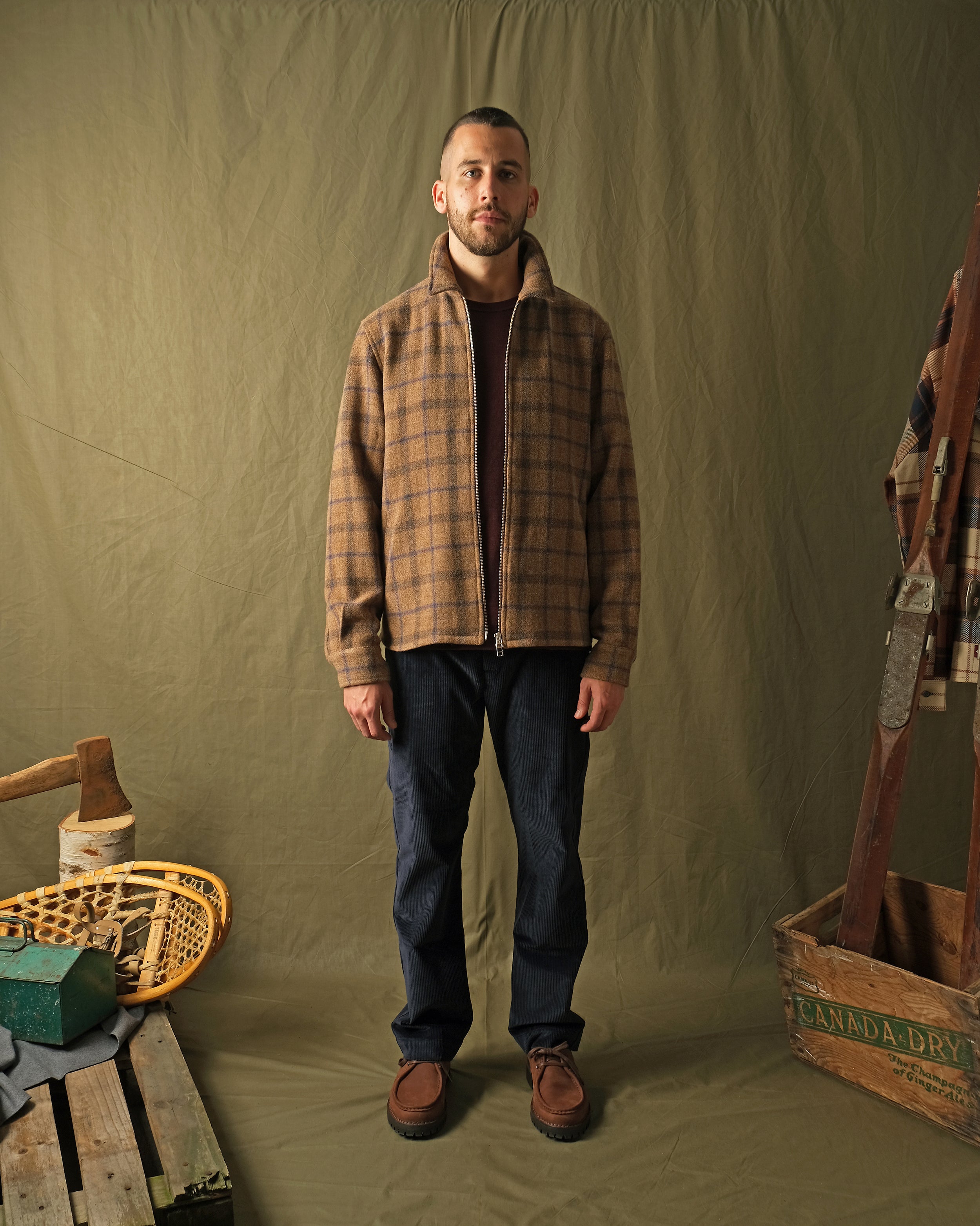 Wool plaid zip overshirt worn with dark jeans, stand collar and front metal zipper