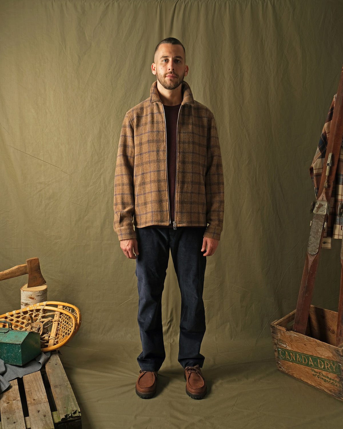 Wool plaid zip overshirt worn with dark jeans, stand collar and front metal zipper