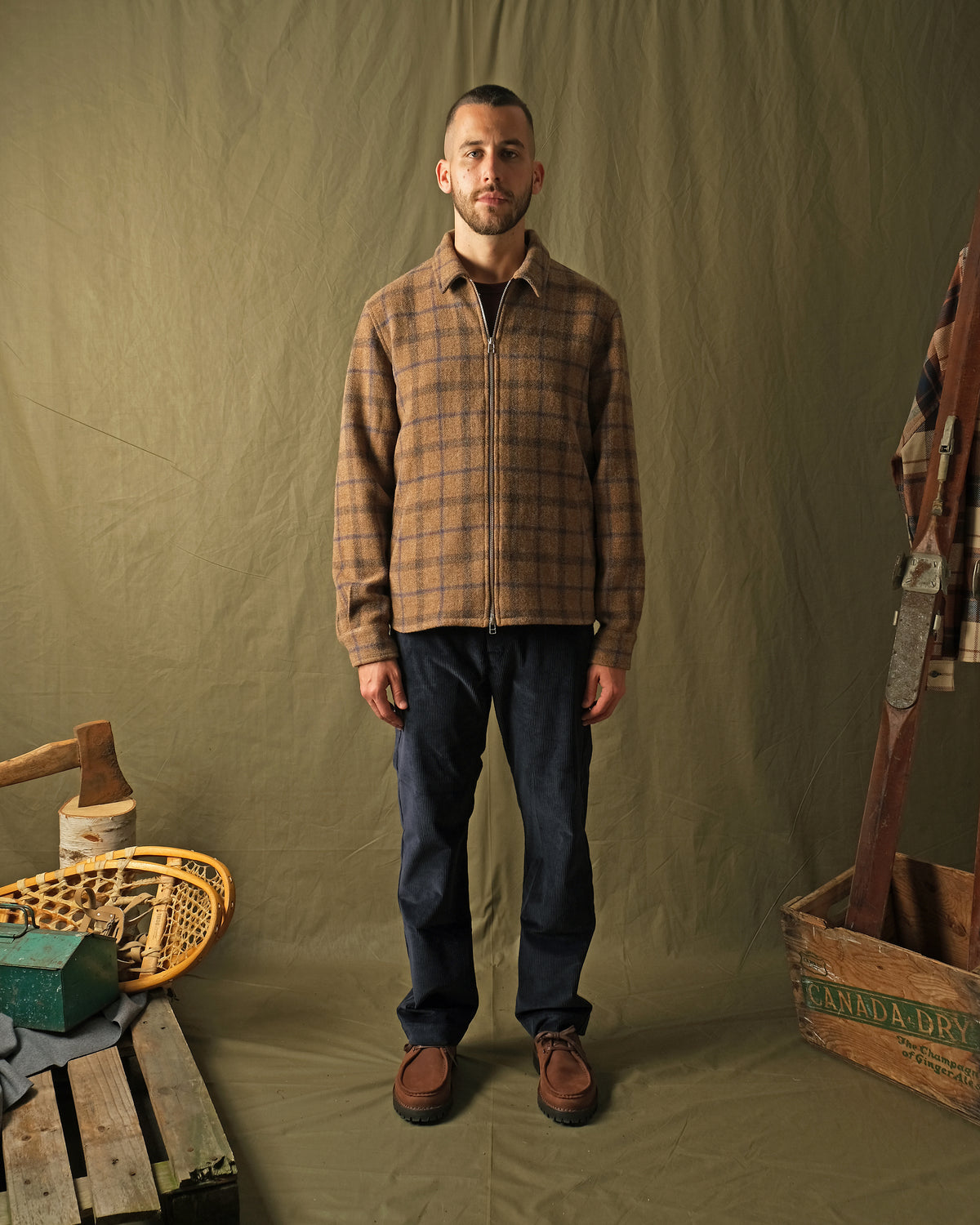 Dark navy corduroy camp pants, relaxed straight fit with front pockets and cuffs