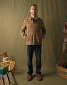 Wool plaid zip overshirt front view on model, stand collar, full zipper, relaxed fit