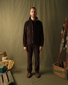Men's mocha brown corduroy club shirt with button front, standing collar, long sleeves