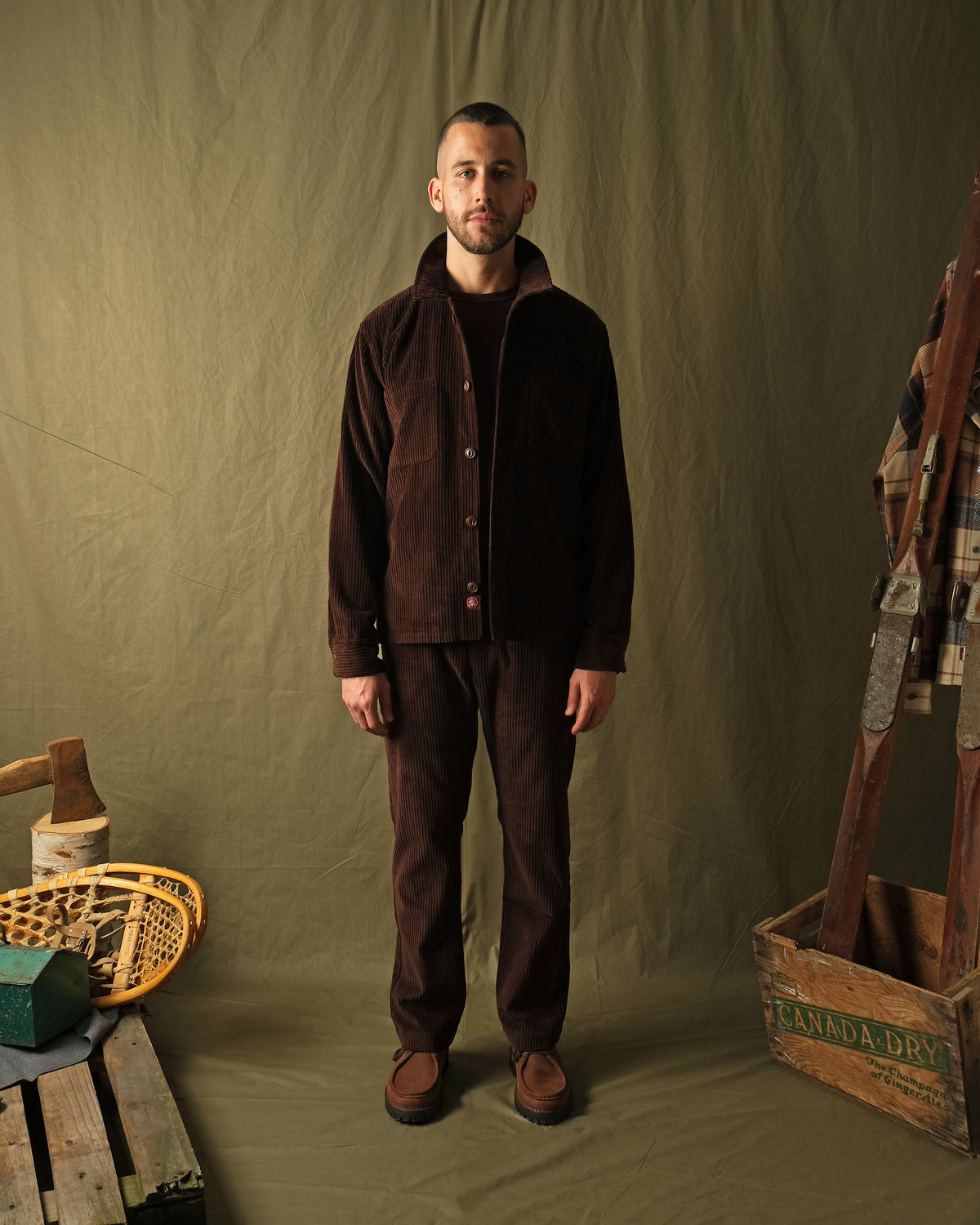 Men's mocha brown corduroy club shirt with button front, standing collar, long sleeves