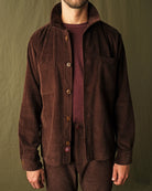 Men's mocha brown corduroy club shirt, buttoned placket, chest pockets, stand collar