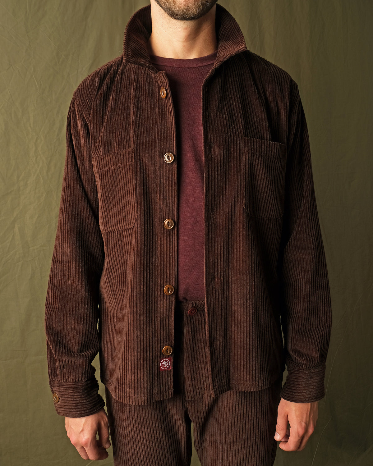Men's mocha brown corduroy club shirt, buttoned placket, chest pockets, stand collar