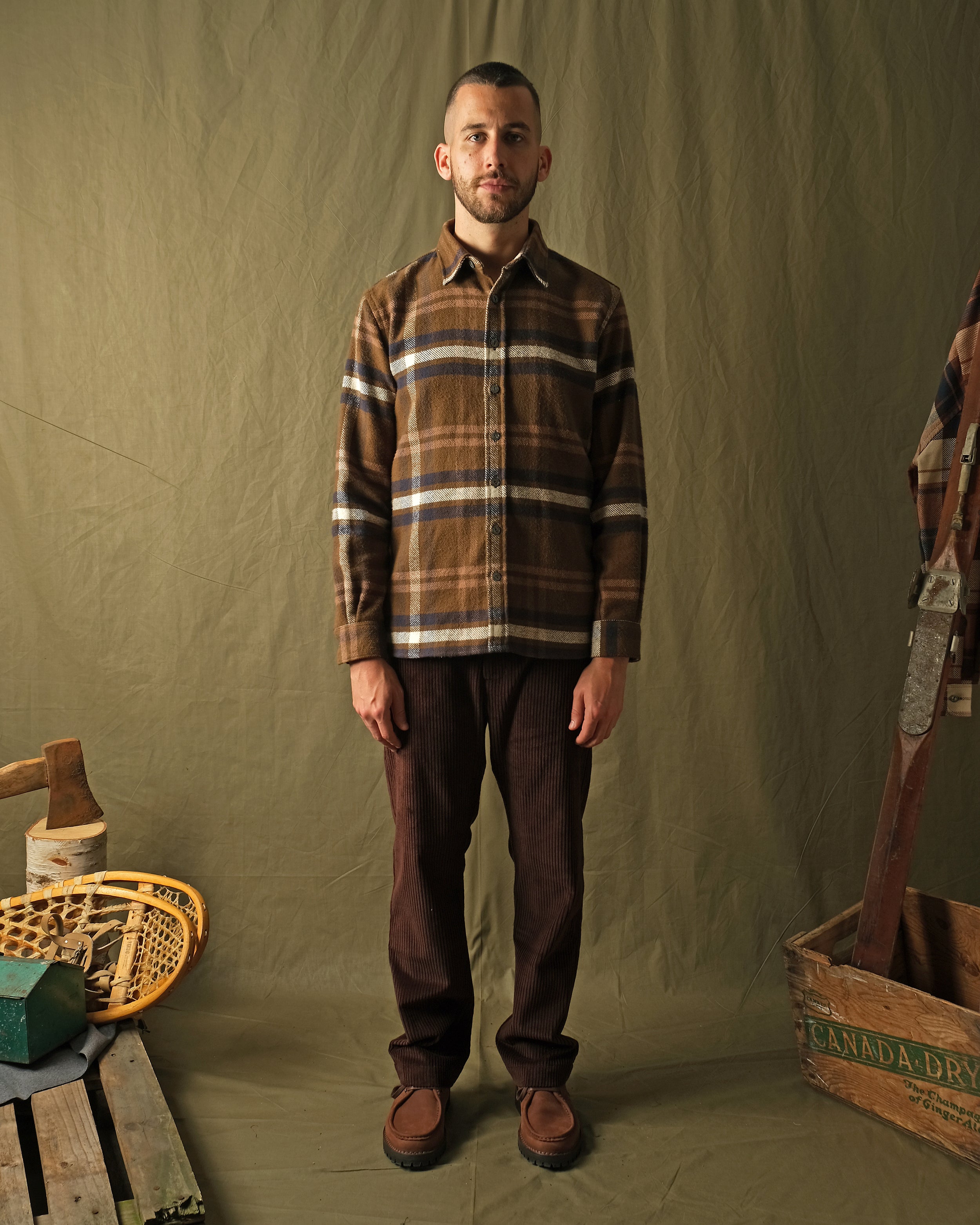 Plaid button-front easy shirt with long sleeves, brown and blue stripe pattern