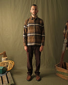 Plaid button-front easy shirt with long sleeves, brown and blue stripe pattern