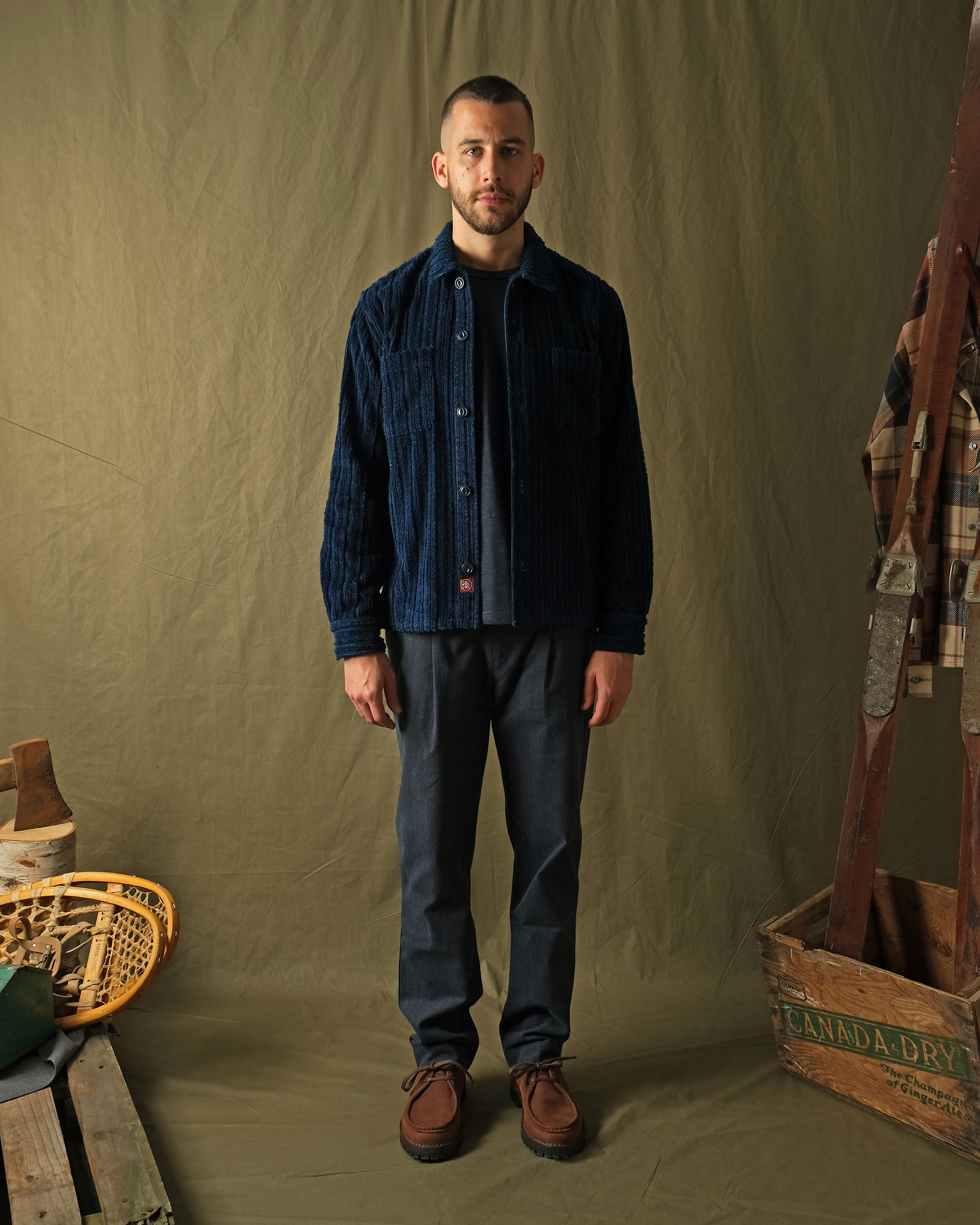 Dark navy corduroy club shirt with button front, spread collar, long sleeves