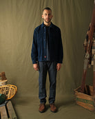 Dark navy corduroy club shirt with button front, spread collar, long sleeves