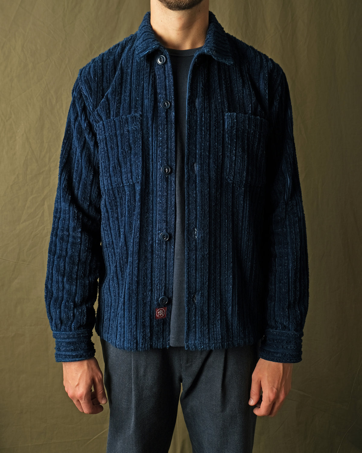 Navy jumbo corduroy button-up club shirt, button front and spread collar