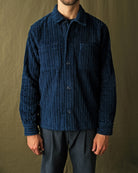 Dark navy jumbo corduroy club shirt with buttoned placket and chest patch pockets