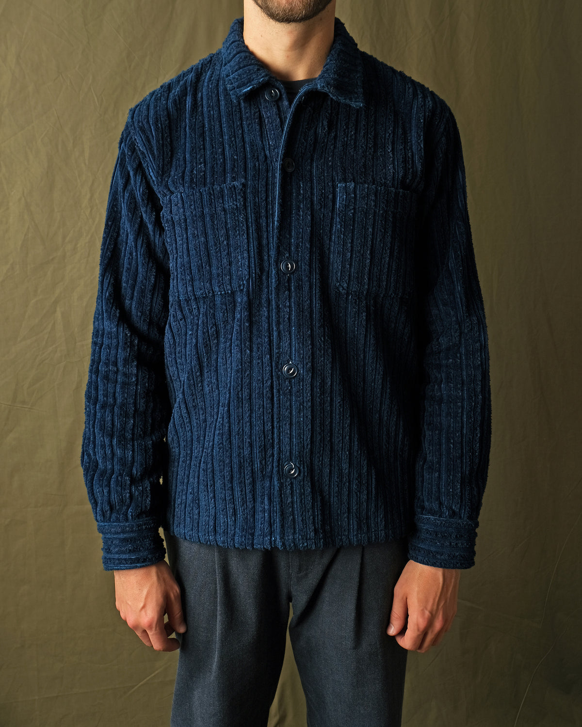 Dark navy jumbo corduroy club shirt with buttoned placket and chest patch pockets