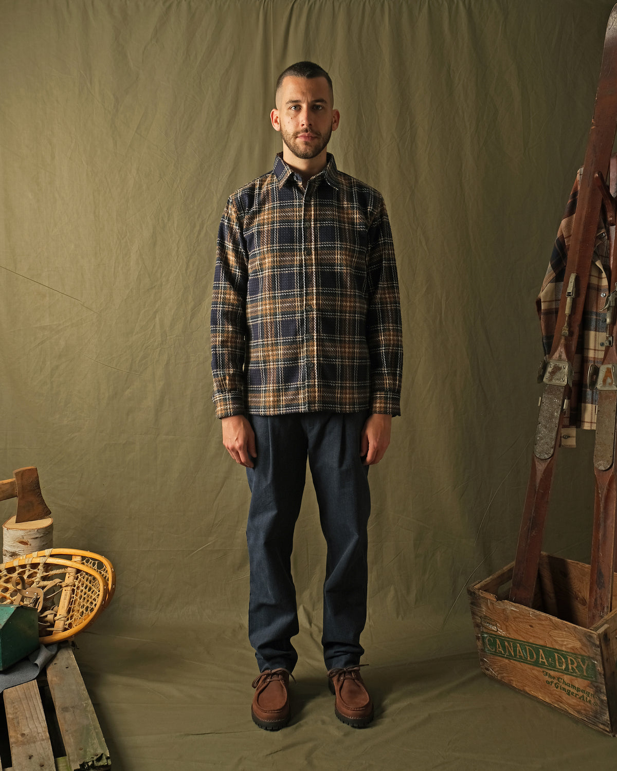 Tartan plaid flannel button-up shirt with collar and front buttons, long sleeves