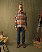 Men's plaid flannel easy shirt, long sleeves with button front; orange, tan, and dark blue