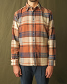 Men's plaid flannel easy shirt with button front and chest pocket, orange and navy