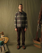 Plaid wool harrington jacket on model, straight-on view with zipper and collar