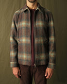 Plaid wool harrington jacket close front view with zipper and stand collar