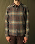 Front view of plaid wool harrington jacket with zipper, stand collar, and pockets