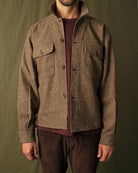 Men's hazel-fleck wool camp shirt with stand collar, button placket, chest flap pockets
