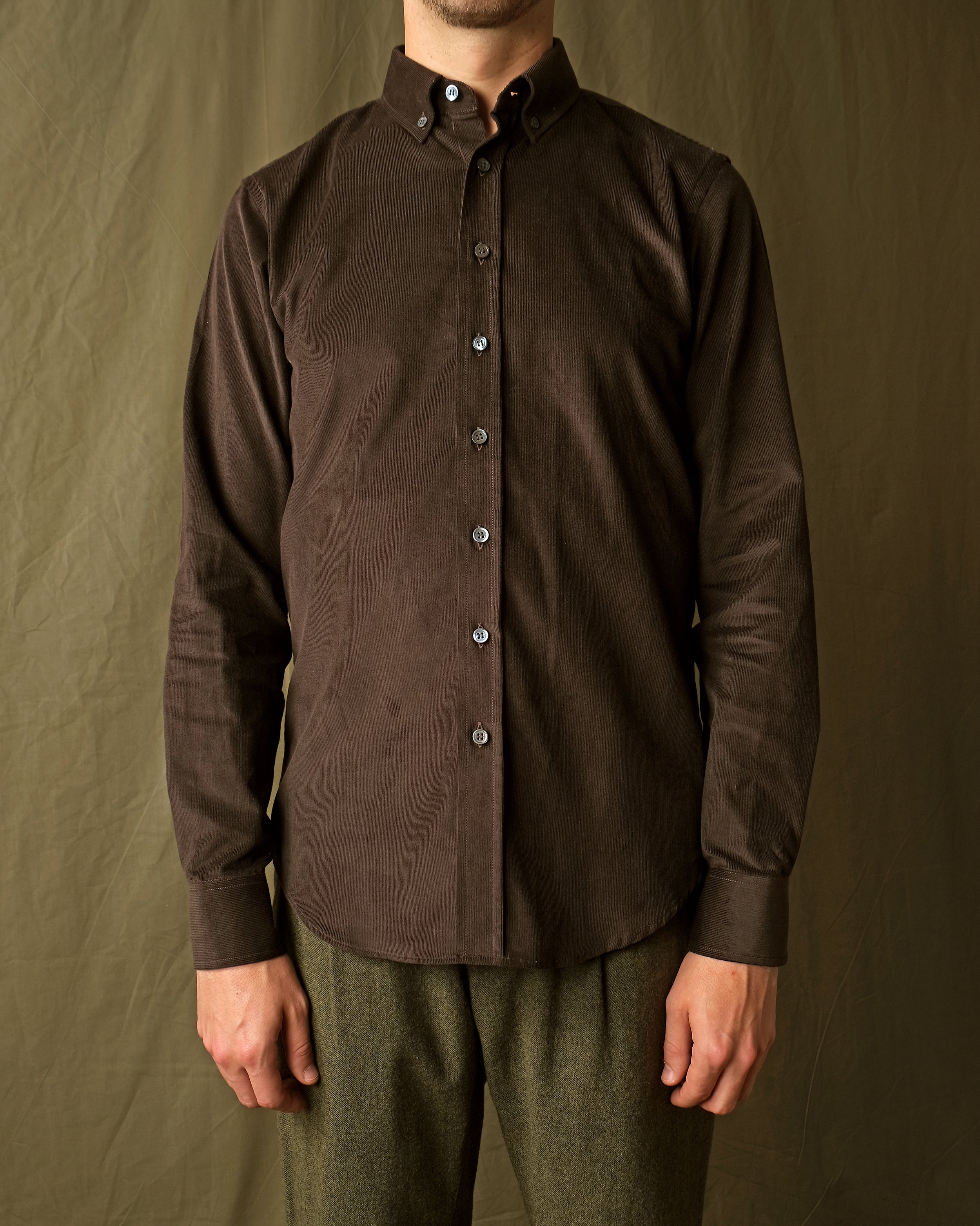 Baby corduroy button-up shirt, dark brown with button placket and collar