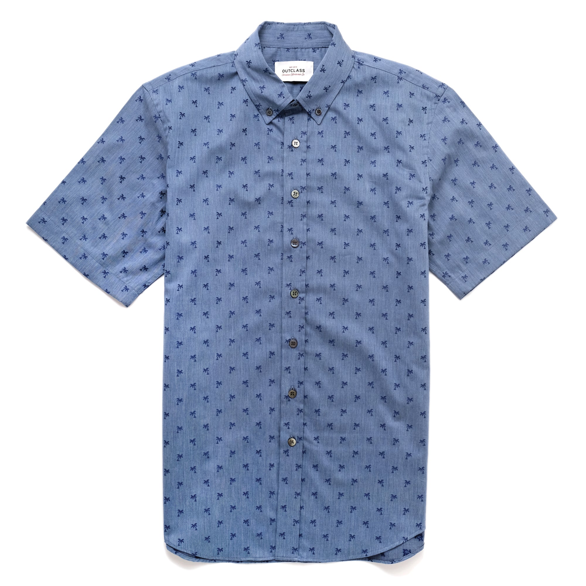 Light blue short-sleeve button-up shirt with navy palm print and classic collar