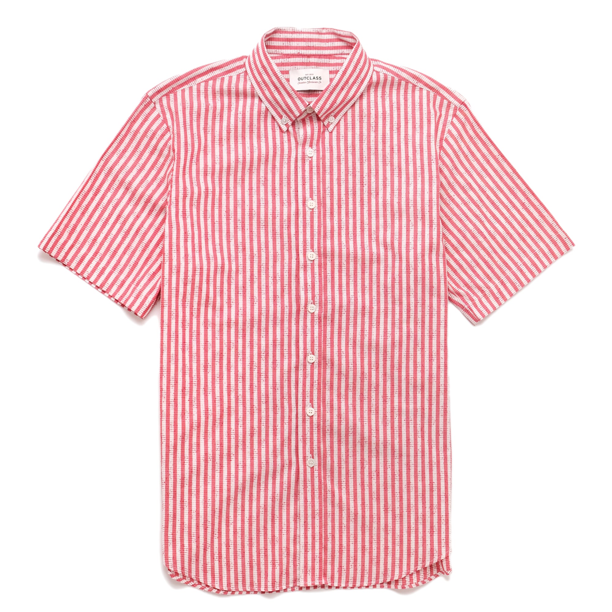 Men's short-sleeve classic shirt, red-and-white vertical stripe button-up