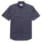 Slate blue short-sleeve button-up shirt with pointed collar and front buttons
