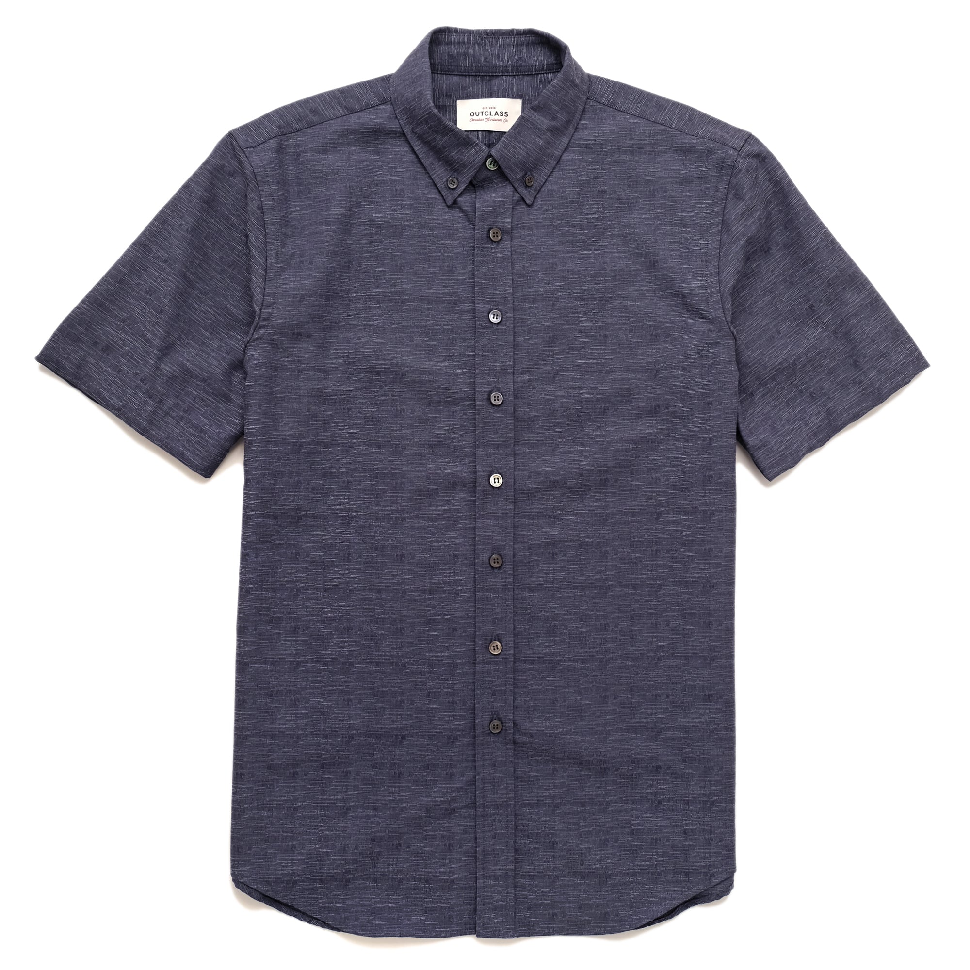 Slate blue short-sleeve button-up shirt with pointed collar and front buttons