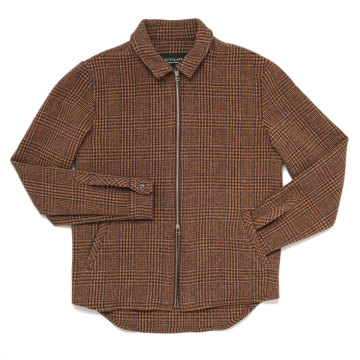 Brown Houndstooth Wool Zip Overshirt